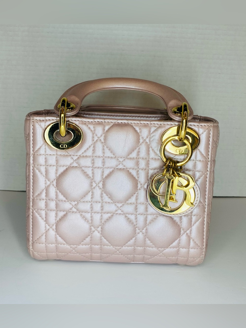 Dior Rose Gold Lady Dior Quilted Top-Handle Bag with Gold Hardware